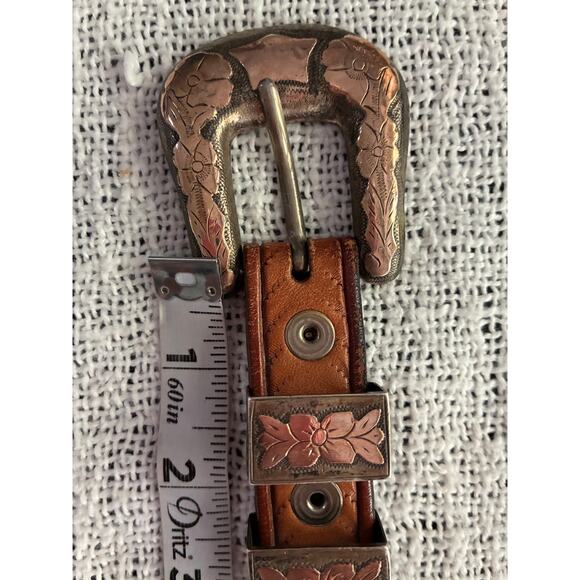 Vintage Sterling Silver Mexico Ranger Belt Women Copper Overlay Leather 32-36 main image 8
